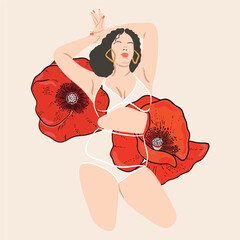 Body positive. Self-love. Love for your body. The woman in her underwear with red poppies flowers. Plus size beautiful lady. Women's solidarity and women's empowerment