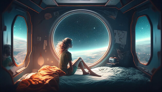 A girl living on a spaceship is looking at the universe outside the window from her bed with Generative AI Technology