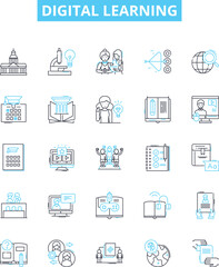Digital learning vector line icons set. Digital, Learning, eLearning, Online, Technology, Course, Online-Learning illustration outline concept symbols and signs