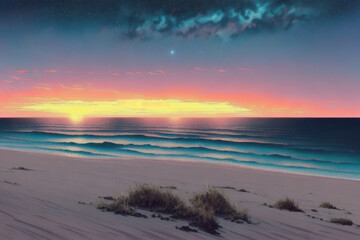Obraz premium The white sandy beach stretches for miles, surrounded by clear blue water, palm trees swaying in the breeze and the sun setting on the horizon. you can see the waves of the milky way in the distance.