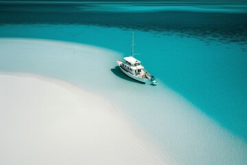 a small yacht on the blue ocean with white sand, generative ai