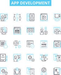 App development vector line icons set. app, development, design, mobile, software, coding, development illustration outline concept symbols and signs