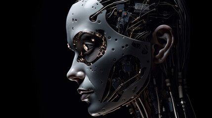 Extremely detailed futuristic robot or cyborg head in profile view. Isolated - generative ai