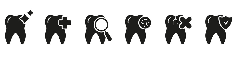 Dental Protection Silhouette Icon Set. Tooth Health Checkup and Diagnostic Glyph Pictogram. Teeth Whitening Procedure. Dental Treatment Solid Sign. Dentistry Symbol. Isolated Vector Illustration