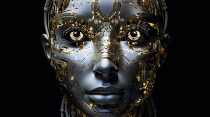 Extremely detailed futuristic robot or cyborg head in profile view. Isolated - generative ai