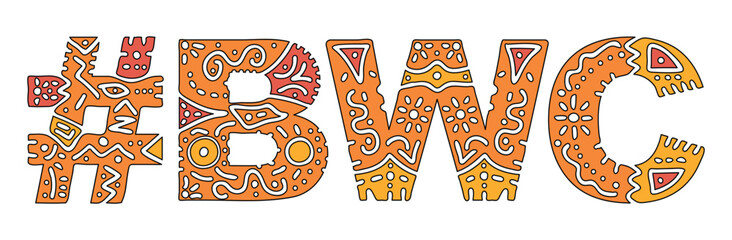 BWC Hashtag. Isolated text with national ethnic ornament. Patterned Popular Hashtag #BWC for Adult resources, mobile app, games, clothing, t-shirt, banner, adv. Stock vector image