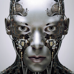 Extremely detailed futuristic robot or cyborg head in profile view. Isolated - generative ai