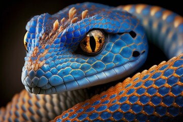 Fototapeta premium Blue viper snake closeup face, generative ai