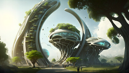 Futuristic green village. Generative AI