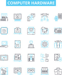 Fototapeta na wymiar Computer hardware vector line icons set. Computer, Hardware, Monitor, Keyboard, Mouse, CPU, RAM illustration outline concept symbols and signs