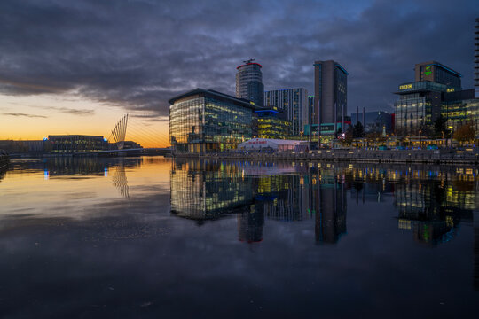 Media City UK at night, Salford Quays, Manchester, England