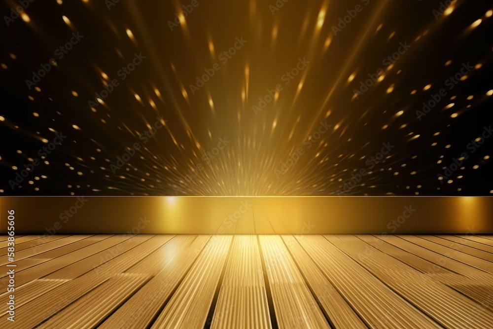 Poster Bokeh background with blank wooden table for displaying product montage. Golden bokeh sparkle on black background And the wooden floor in focus is blurred 3d illustration. Generative ai
