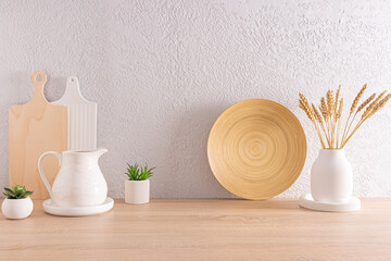 modern background kitchen utensils with tools and utensils. front view of the wooden countertop. ecologically clean kitchen.