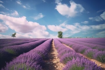 Fototapeta na wymiar Lavender flower blooming fields in endless rows. Sunset shot. Generative ai