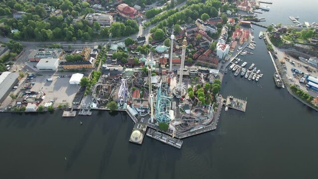 Aerial video of an amusement park in Stockholm, Sweden. Lund's throat