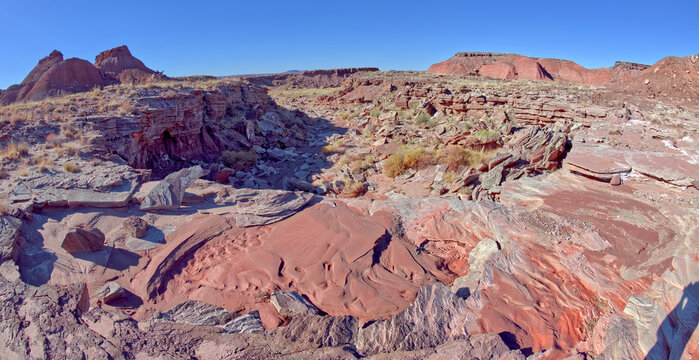 View of Tiponi Gap in the distance from the dry cliff of Tiponi Gap Falls in Petrified Forest National Park, Arizona