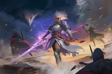 Fantasy Concept Art |  world of adventure with stunning 2D art featuring heroic fantasy female characters. courageous hero standing tall in midst of raging storm, ready to face any challenge. Ai