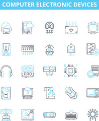 Computer electronic devices vector line icons set. Laptop, Desktop, Monitor, Printer, Keyboard, Mouse, Router illustration outline concept symbols and signs
