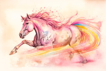 Beautiful running pink horse with a colored rainbow. AI generated.