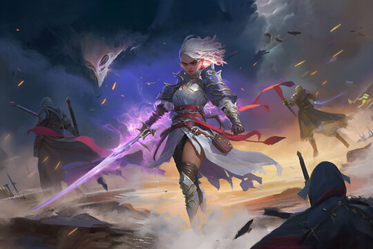 Fantasy Concept Art |  World Of Adventure With Stunning 2D Art Featuring Heroic Fantasy Female Characters. Courageous Hero Standing Tall In Midst Of Raging Storm, Ready To Face Any Challenge. Ai