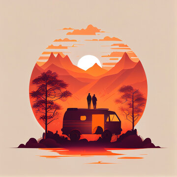 Van Life Couple Enjoying a Sunset Together in the Wilderness - Cherishing Intimate Moments Amidst Nature's Splendor - Generative AI