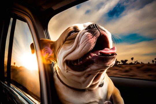 Happy dog with head out of the car window having fun, generative ai