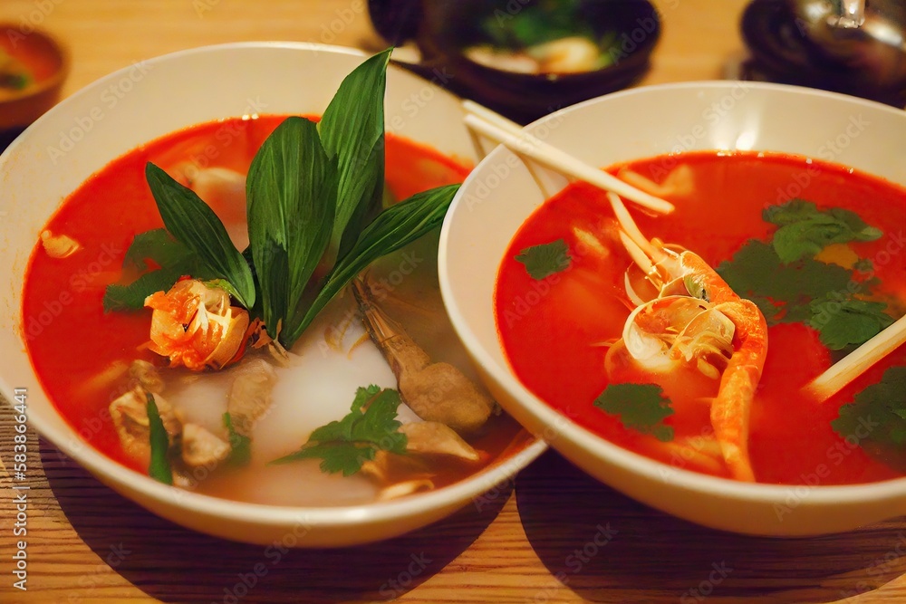 Sticker Two deep bowls with Thai tom yam soup with bright tomato sauce and coconut, created with generative ai