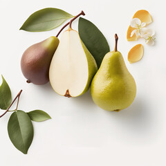 Fototapeta na wymiar Fresh pears with leaves. Ripe green pears. Fresh bio pear with leaves on white background. Pears isolated on white background.