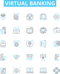 Virtual banking vector line icons set. Virtual, Banking, Online, Financial, Services, Payments, Mobile illustration outline concept symbols and signs