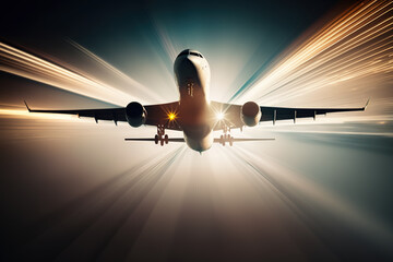 Abstract passenger plane taking off in motion blur. Generative AI illustration