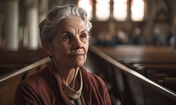 Old woman in a church sitting on a pew looking reflective and smiling created with Generative AI technology