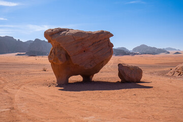 The famous Cow Rock naturally carved during ages in Wadi Rum desert, UNESCO World Heritage Site, Jordan