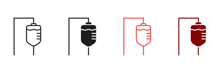 Iv Drip Line and Silhouette Icon Set. Medicine Treatment, Injection Black and Color Sign. Infusion Medication Aid Symbol Collection. Infusion Medical Bag Pictogram. Isolated Vector Illustration