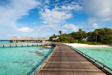 A wooden jetty in a luxury resort, Baa Atoll, Maldives, Indian Ocean