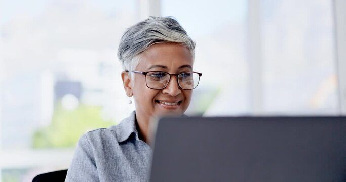 Happy woman on business laptop for good news, email feedback or online career, job or company management. Senior manager, boss or female on computer for work investment or reading website information
