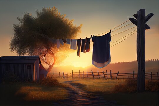 magic moment with clothesline and sunset, bringing a sense of calm to the viewer, created with generative ai