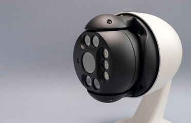 Closeup White IP Smart Outdoor Security Camera, Home, House Surveillance, System With Optical...