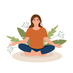 Obraz na płótnie Canvas Woman meditating in nature and leaves. Yoga, meditation, relax, retreat, healthy lifestyle concept. Vector illustration in flat cartoon style