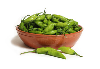 Bowl of Fresh Aji Limo Chili Peppers Isolated on White Background