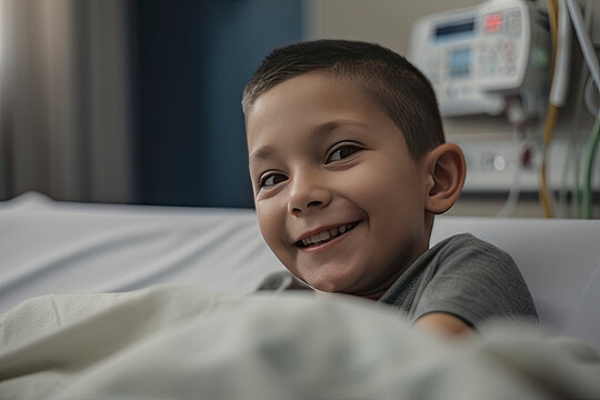 Happy smiling boy in hospital bed where he is receiving treatment care created with Generative AI technology