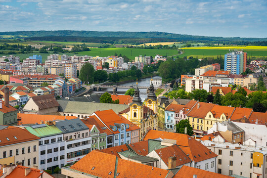 Fototapeta Elevated view of Pisek city center and town hall, Pisek