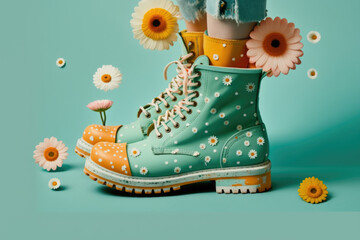 Fresh spring field flowers with woman footwear boots laceup isolated on background. Generative AI.