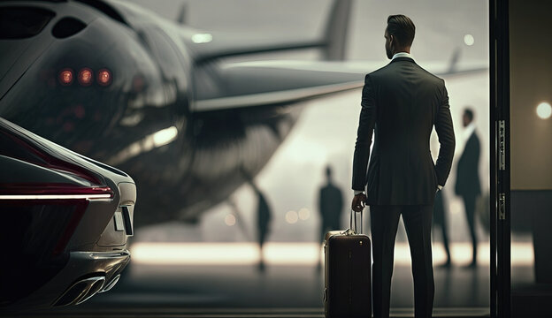 Businessman Looking Out at Private Jet