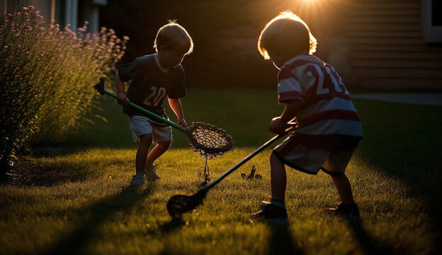 Young siblings playing lacrosse in the backyard
