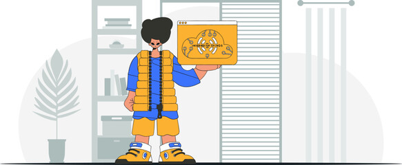 Man perched on the ground, embracing an IoT symbol. Vectorized contemporary look.