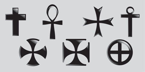 Set cross vector icon, collection of religion symbols isolated. Symbol 3D black.