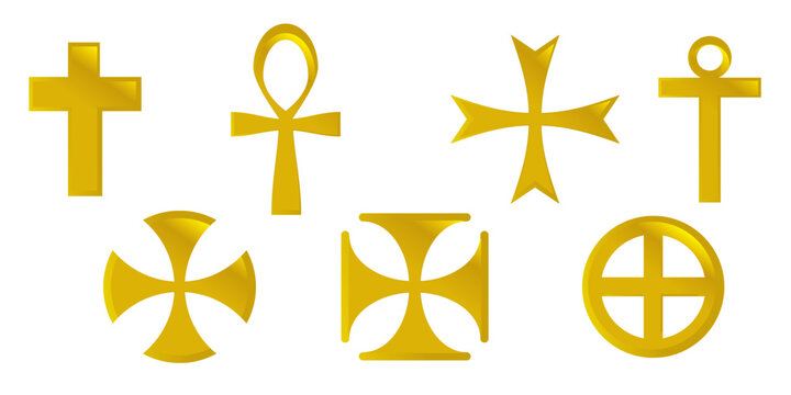 Set cross vector icon, collection of religion symbols isolated in whte background. Symbol 3D golden.
