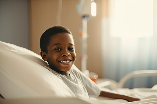 Happy Smiling Boy In Hospital Bed Where He Is Receiving Treatment Care Created With Generative AI Technology