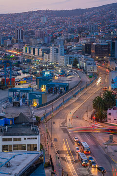 Valparaiso city center near port and Muelle Prat at dawn, Valparaiso, Chile
