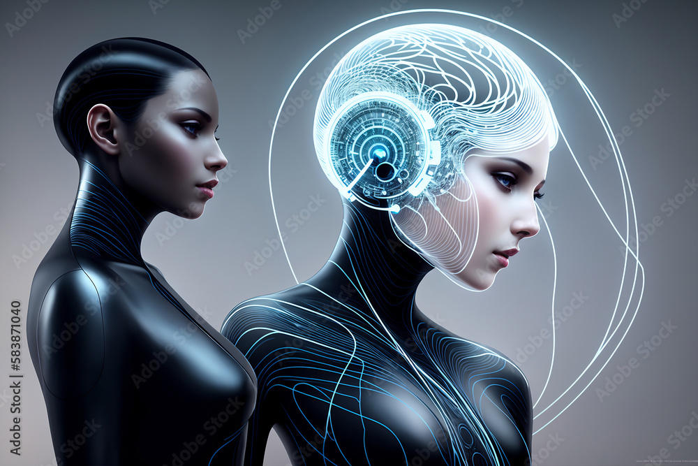 Poster futuristic concept of interaction between artificial intelligence and human being, machine learning,